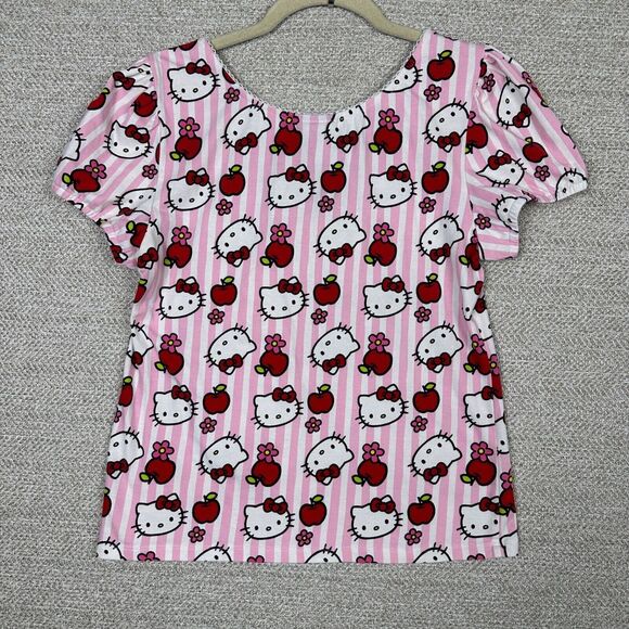 Hello Kitty Pink Striped Blouse Top Medium Apples Flowers Bow‎ AOP - Picture 9 of 10